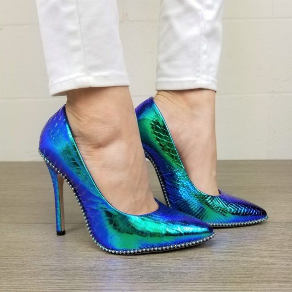 Mermaid Blue Green High Heel Pumps With Studs -Y - Picture 2 of 8
